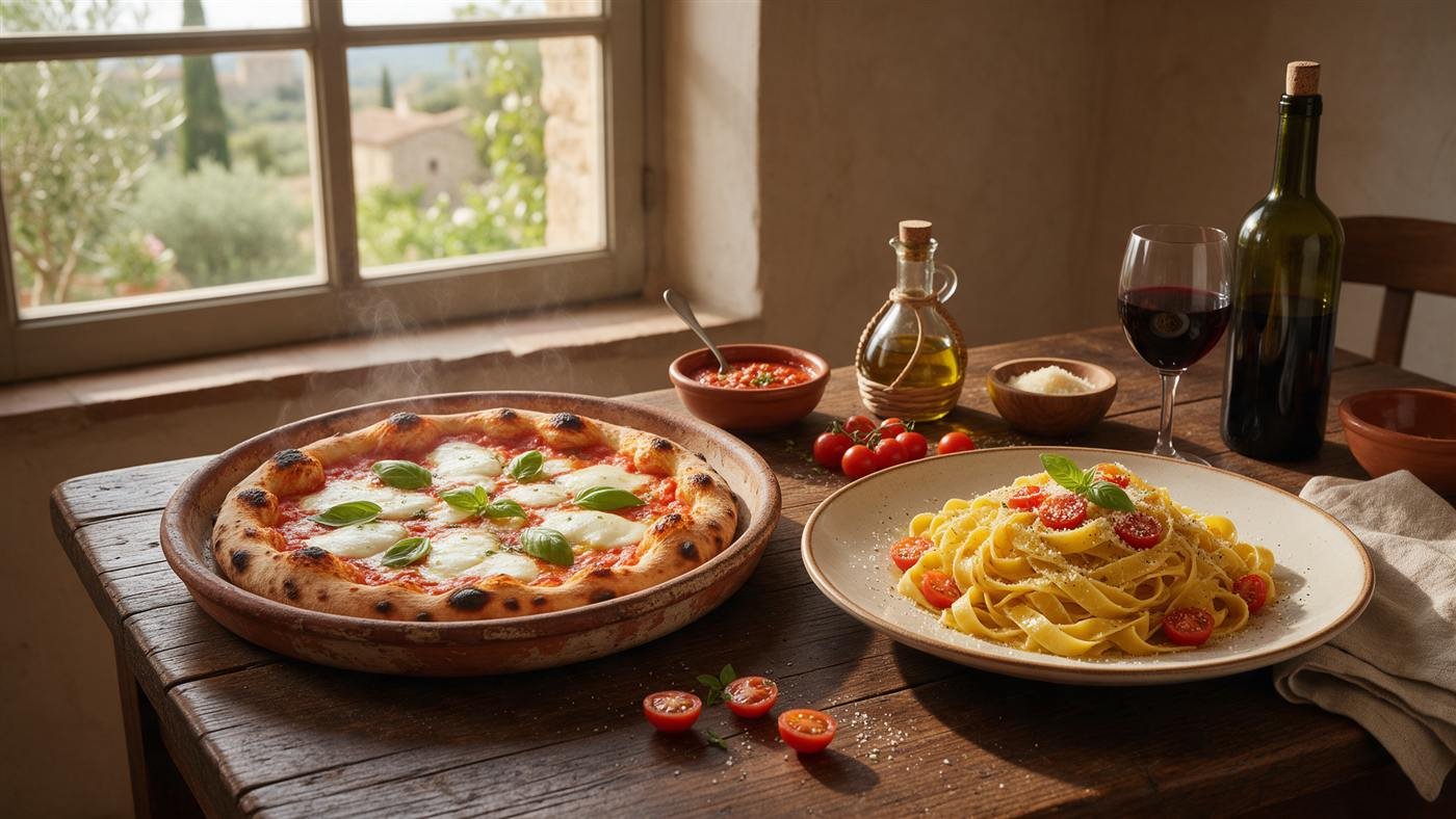 Pizza no forno a lenha e massa italiana